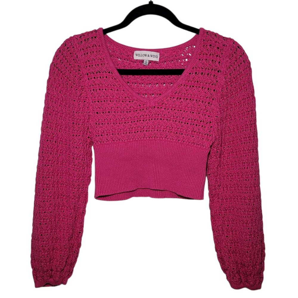 Willow & Wind Knit Cropped V-Neck Sweater Fuchsia Crochet Small Boho
